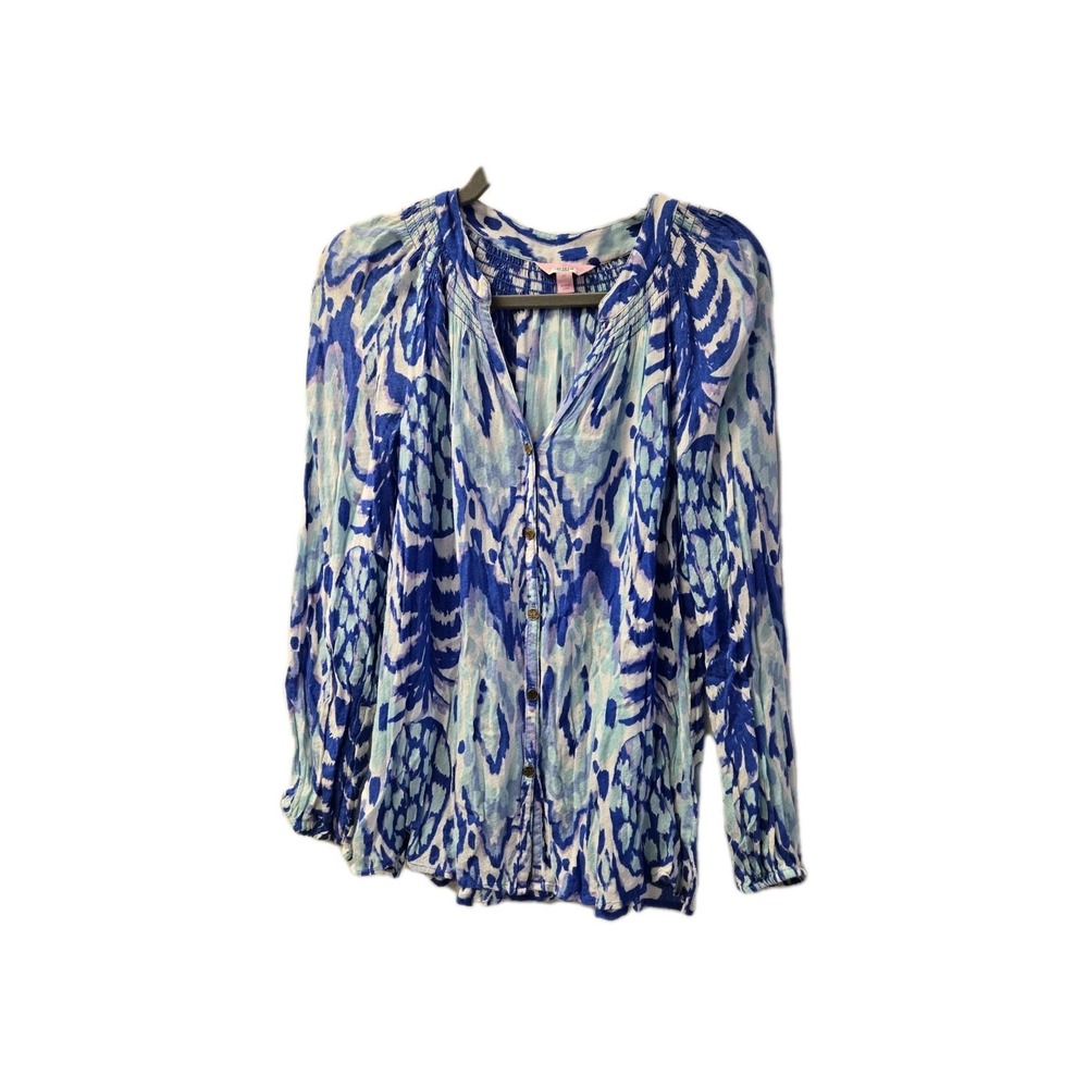 Lilly Pulitzer Blue Ikat Pineapple Button Front Blouse Smocked Top Coastal M